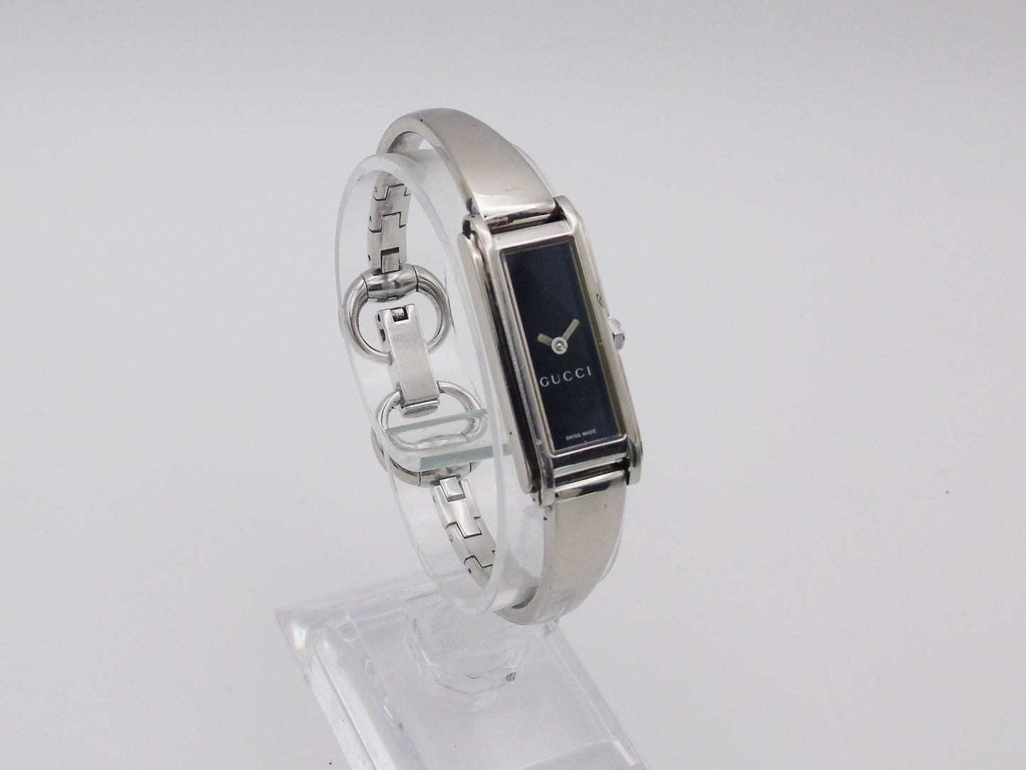 Vintage Gucci Watch Womens Black Dial Silver Tone Tank Watch Black Dial Box Papers - Gems Forgotten