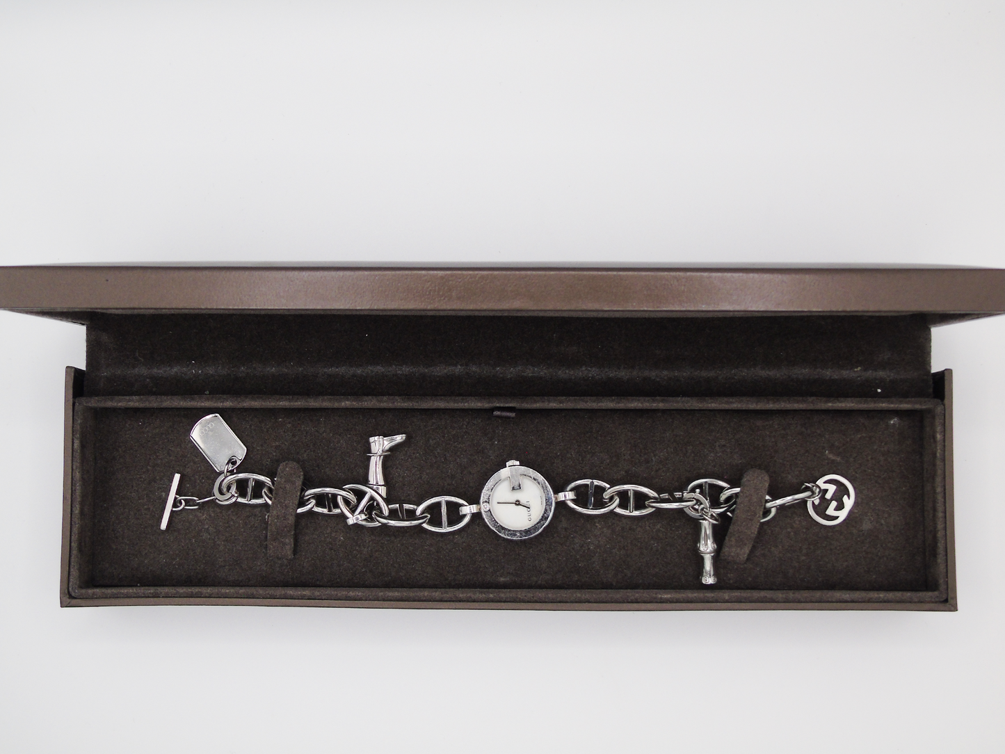 Vintage Gucci Watch Charm Bracelet Horsebit Cowboy Charms MOP Dial - Gems Forgotten