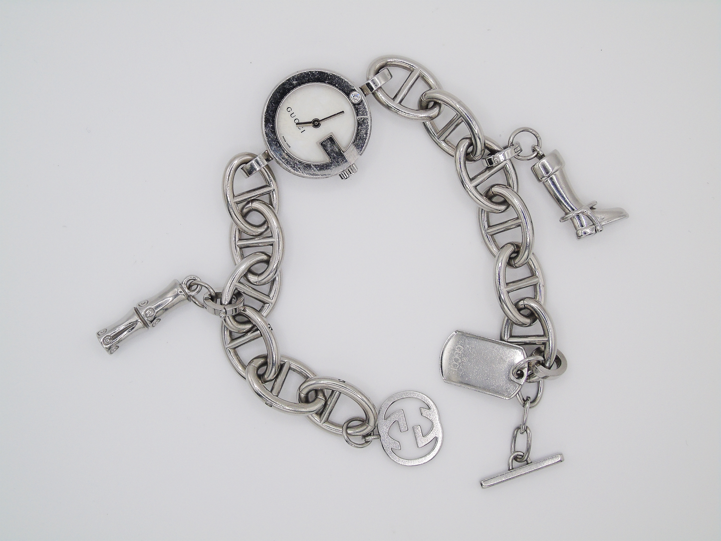 Vintage Gucci Watch Charm Bracelet Horsebit Cowboy Charms MOP Dial - Gems Forgotten