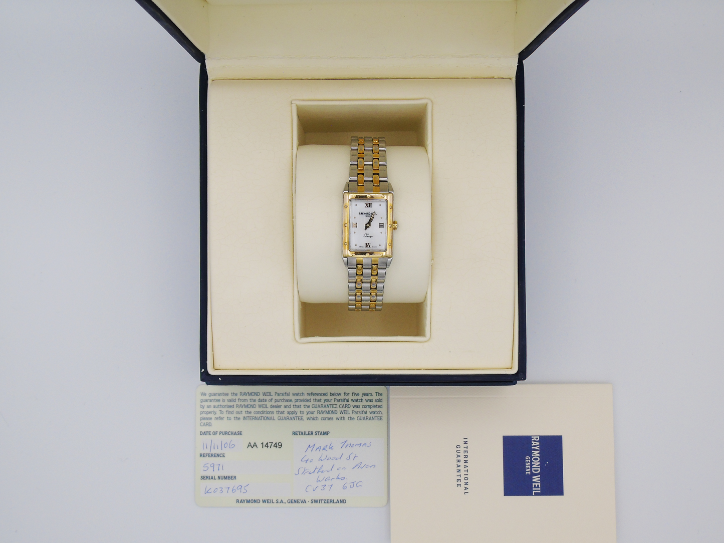 Vintage Raymond Weil Tango MOP Dial Watch Two Tone Small Elegant Chain Wristwatch Mother of Pearl - Gems Forgotten