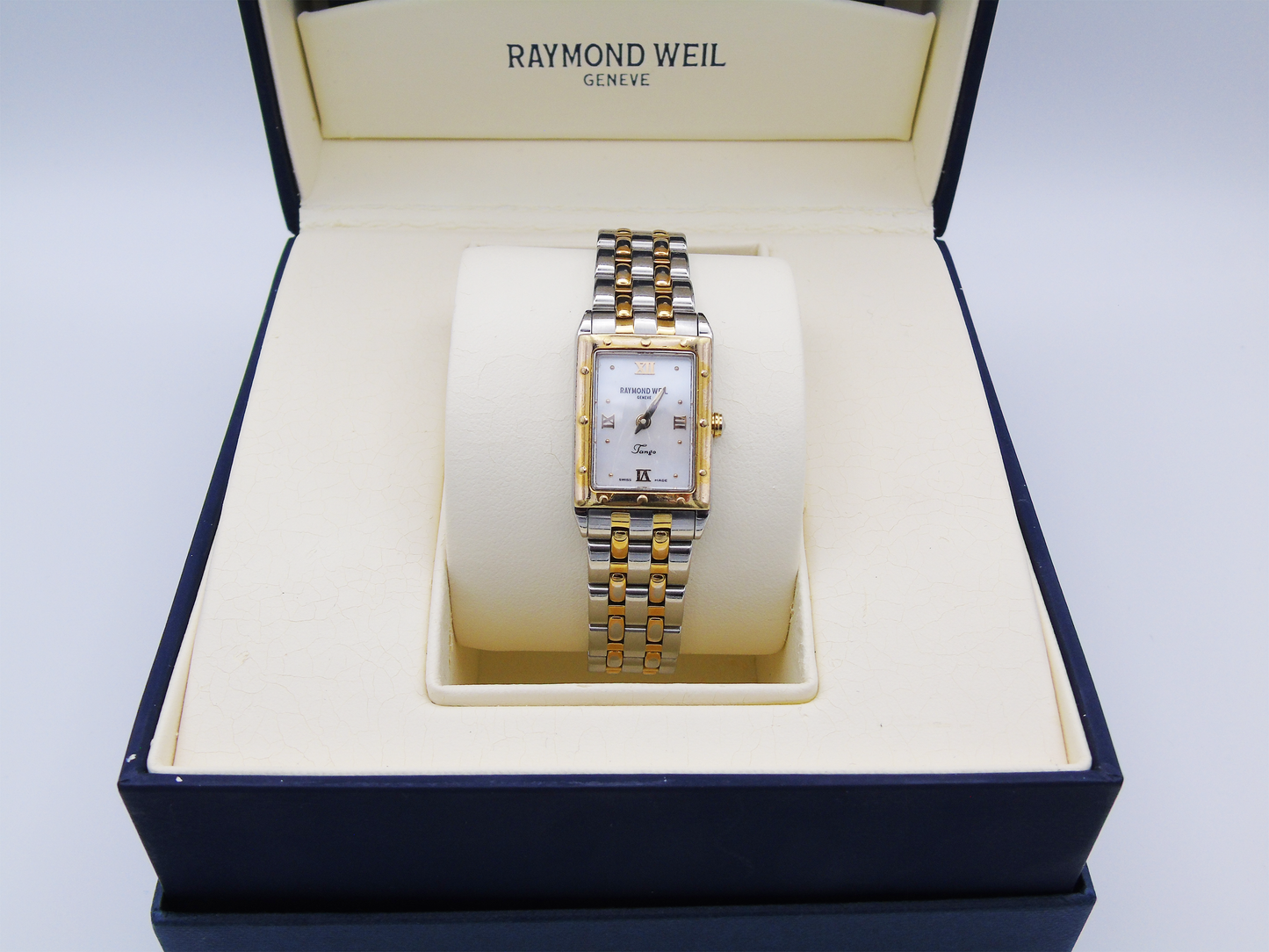 Vintage Raymond Weil Tango MOP Dial Watch Two Tone Small Elegant Chain Wristwatch Mother of Pearl - Gems Forgotten