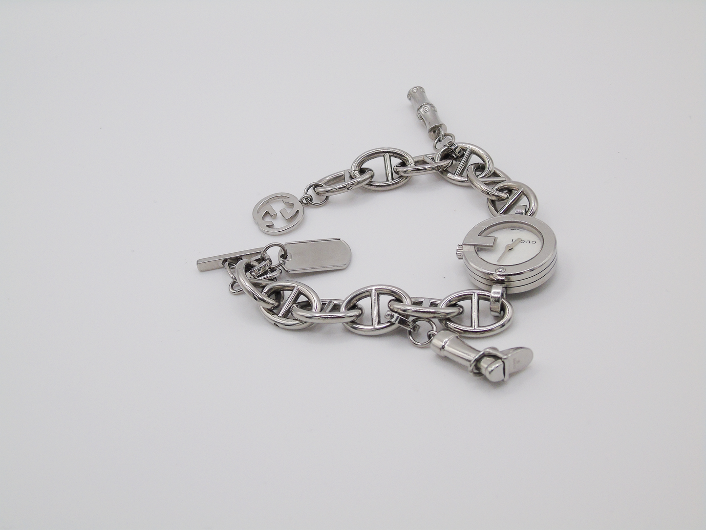 Vintage Gucci Watch Charm Bracelet Horsebit Cowboy Charms MOP Dial - Gems Forgotten