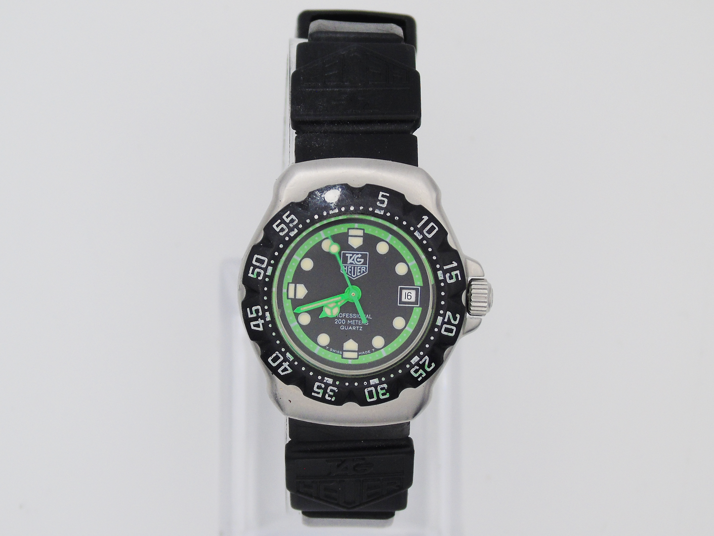 Vintage Tag Heuer Watch Professional Green Black Lumi Hour Markers Watch Small 90s Quartz Wristwatch Unique Swiss Watch - Gems Forgotten