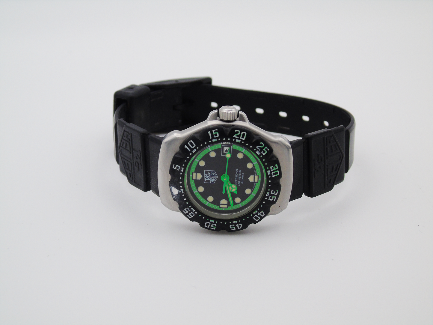 Vintage Tag Heuer Watch Professional Green Black Lumi Hour Markers Watch Small 90s Quartz Wristwatch Unique Swiss Watch - Gems Forgotten