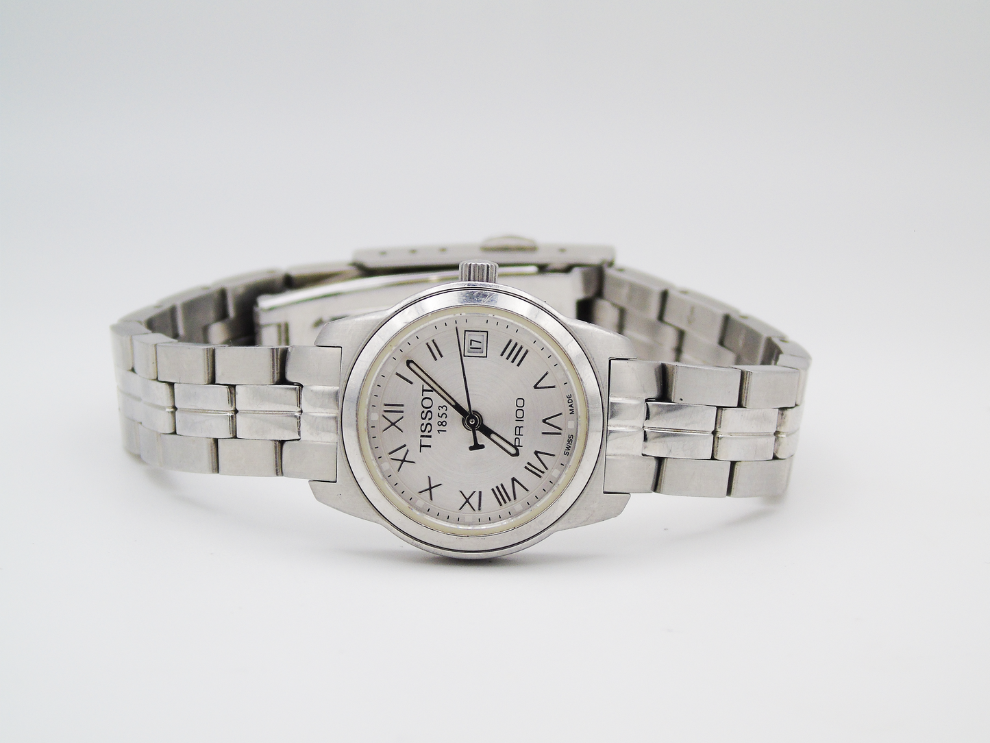 Tissot PR10 Ladies Watch Date FeatureSilver Tone Swiss Quartz Watch Small Wrist Elegant Steel - Gems Forgotten