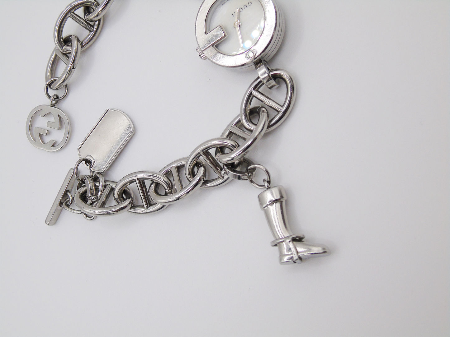 Vintage Gucci Watch Charm Bracelet Horsebit Cowboy Charms MOP Dial - Gems Forgotten
