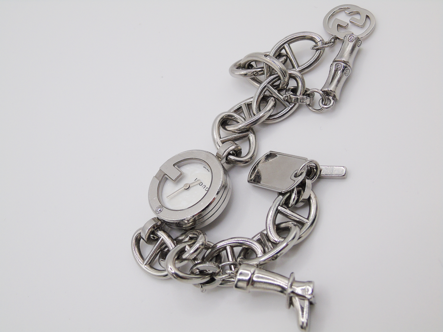 Vintage Gucci Watch Charm Bracelet Horsebit Cowboy Charms MOP Dial - Gems Forgotten