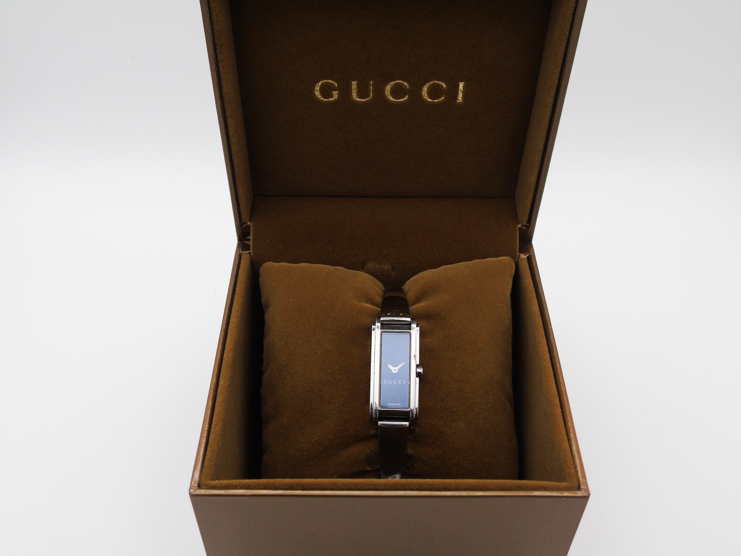 Vintage Gucci Watch Womens Black Dial Silver Tone Tank Watch Black Dial Box Papers - Gems Forgotten