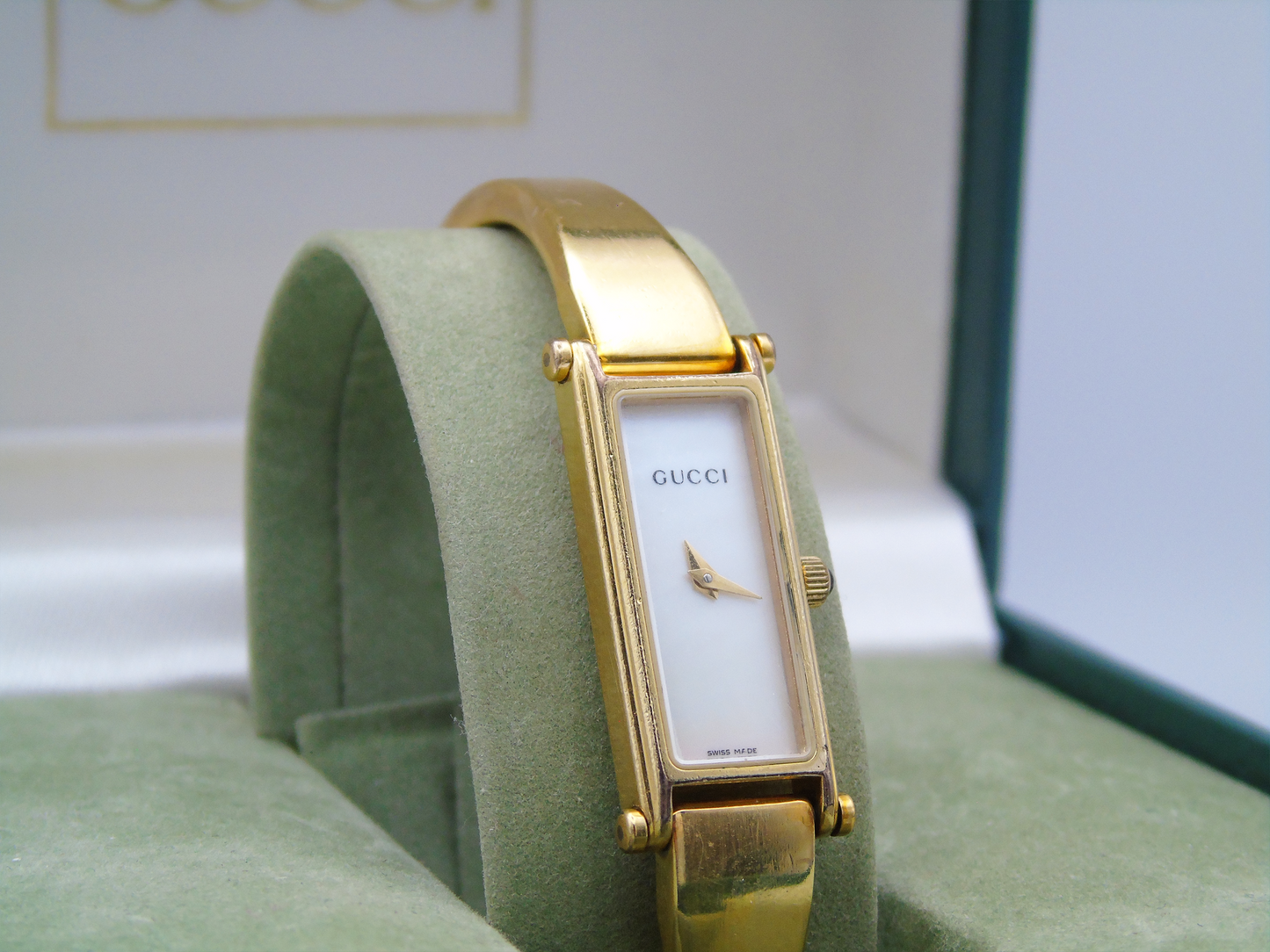 Gucci Ladies Gold Watch – Stunning Gucci 1500L Model with Tank Watch Face & Mother of Pearl Dial - Gems Forgotten
