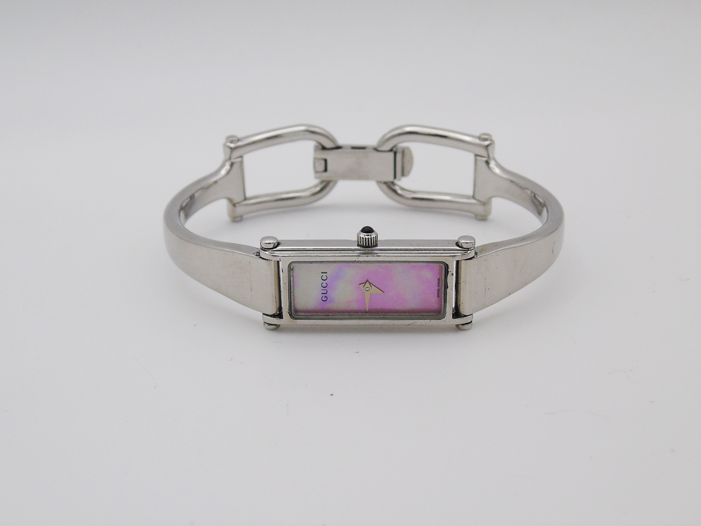 Vintage Gucci Watch Womens MOP Tank Watch Pink Mother of Pearl Dial Box Papers - Gems Forgotten