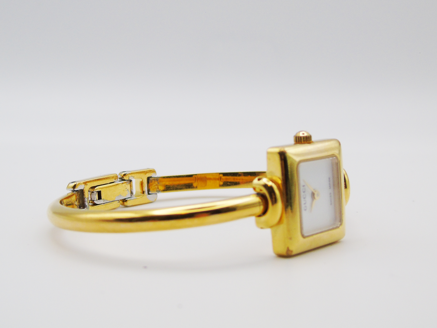 Working Vintage Gucci Watch Square 1900L Gold Gold Dial Elegant Gucci Wristwatch Cheap Gucci Small Bracelet Bangle G24 - Gems Forgotten