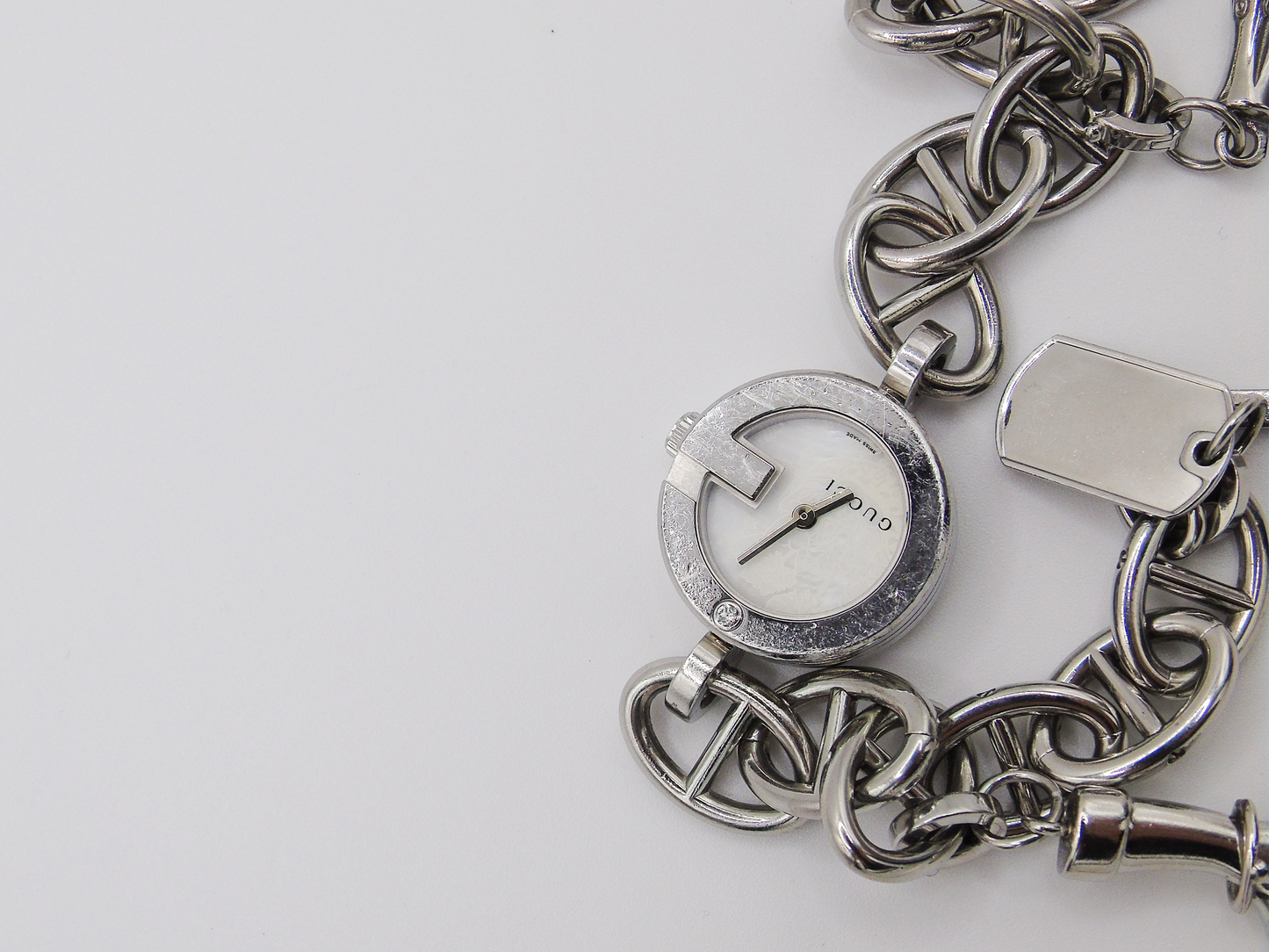 Vintage Gucci Watch Charm Bracelet Horsebit Cowboy Charms MOP Dial - Gems Forgotten