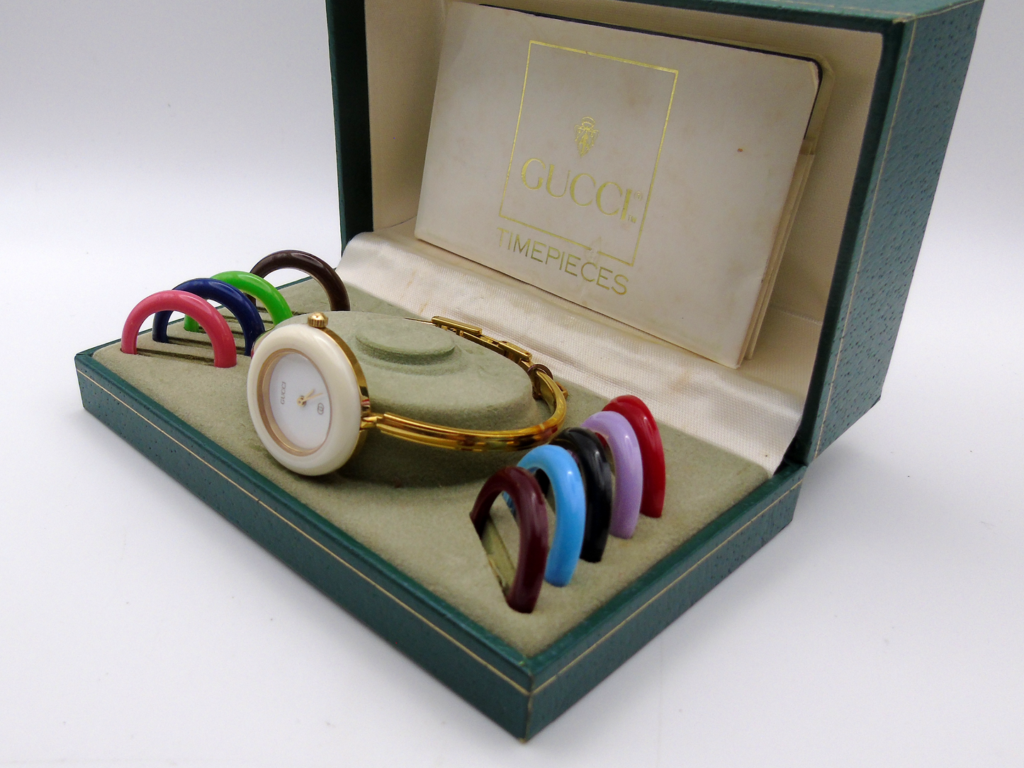 Vintage Gucci Change Bezel Watch – Gold-Plated with 10 Interchangeable Bezels & Box Proof of Athenticity G31 - Gems Forgotten