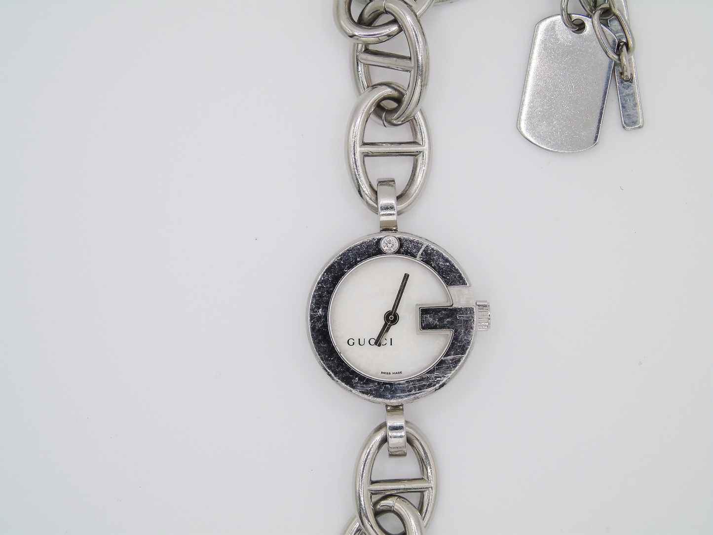 Vintage Gucci Watch Charm Bracelet Horsebit Cowboy Charms MOP Dial - Gems Forgotten