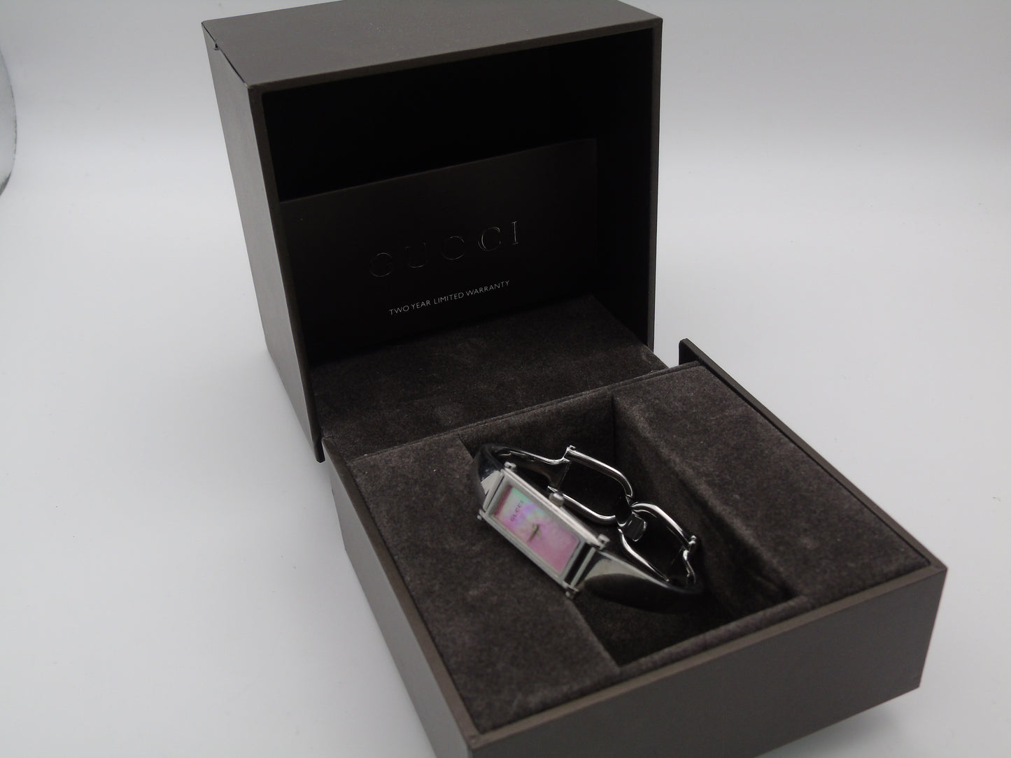 Vintage Gucci Watch Womens MOP Tank Watch Pink Mother of Pearl Dial Box Papers - Gems Forgotten