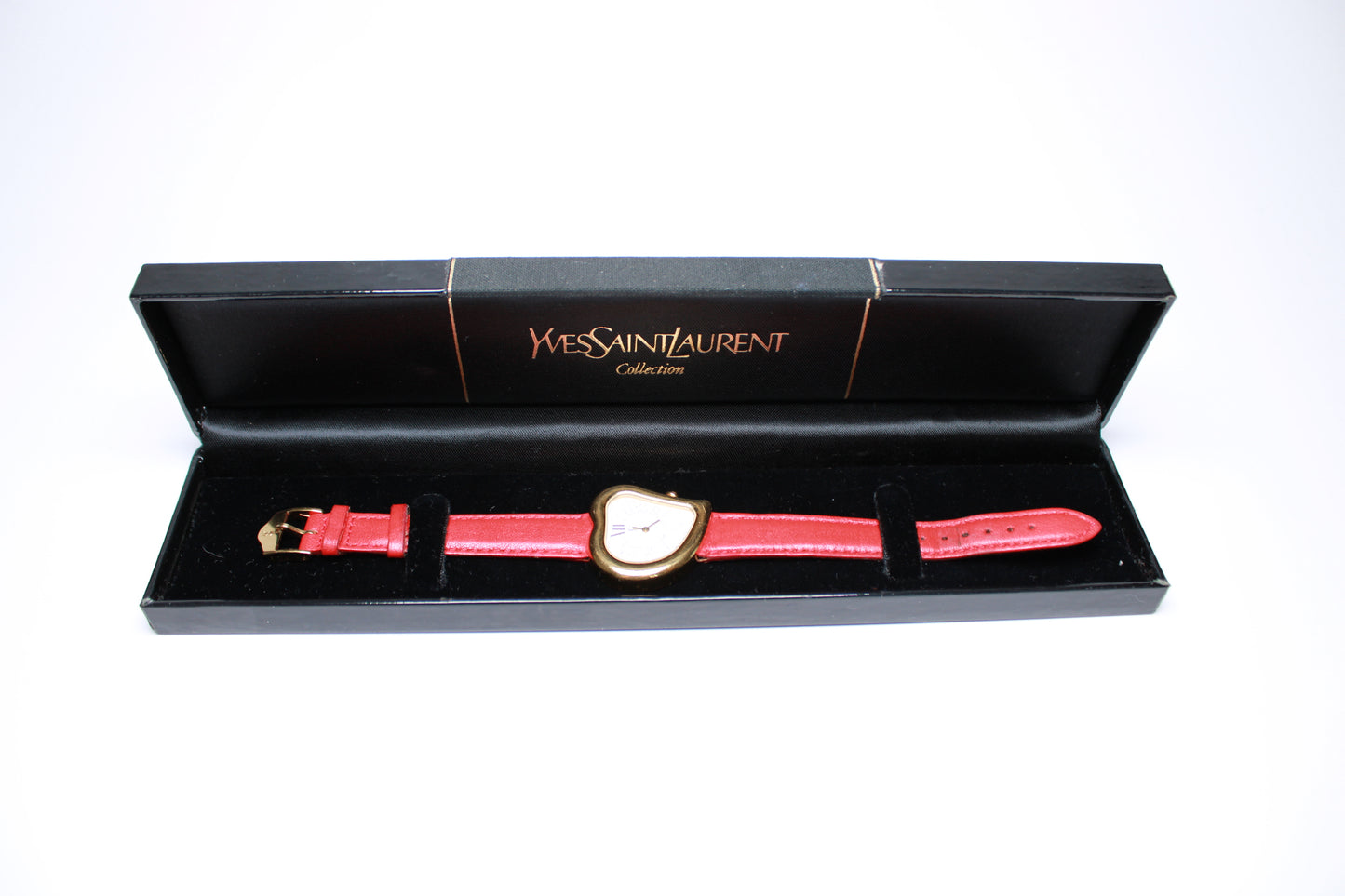 YSL Heart Shaped Watch - Gold Plated with Red Real Leather Stap - Gems Forgotten