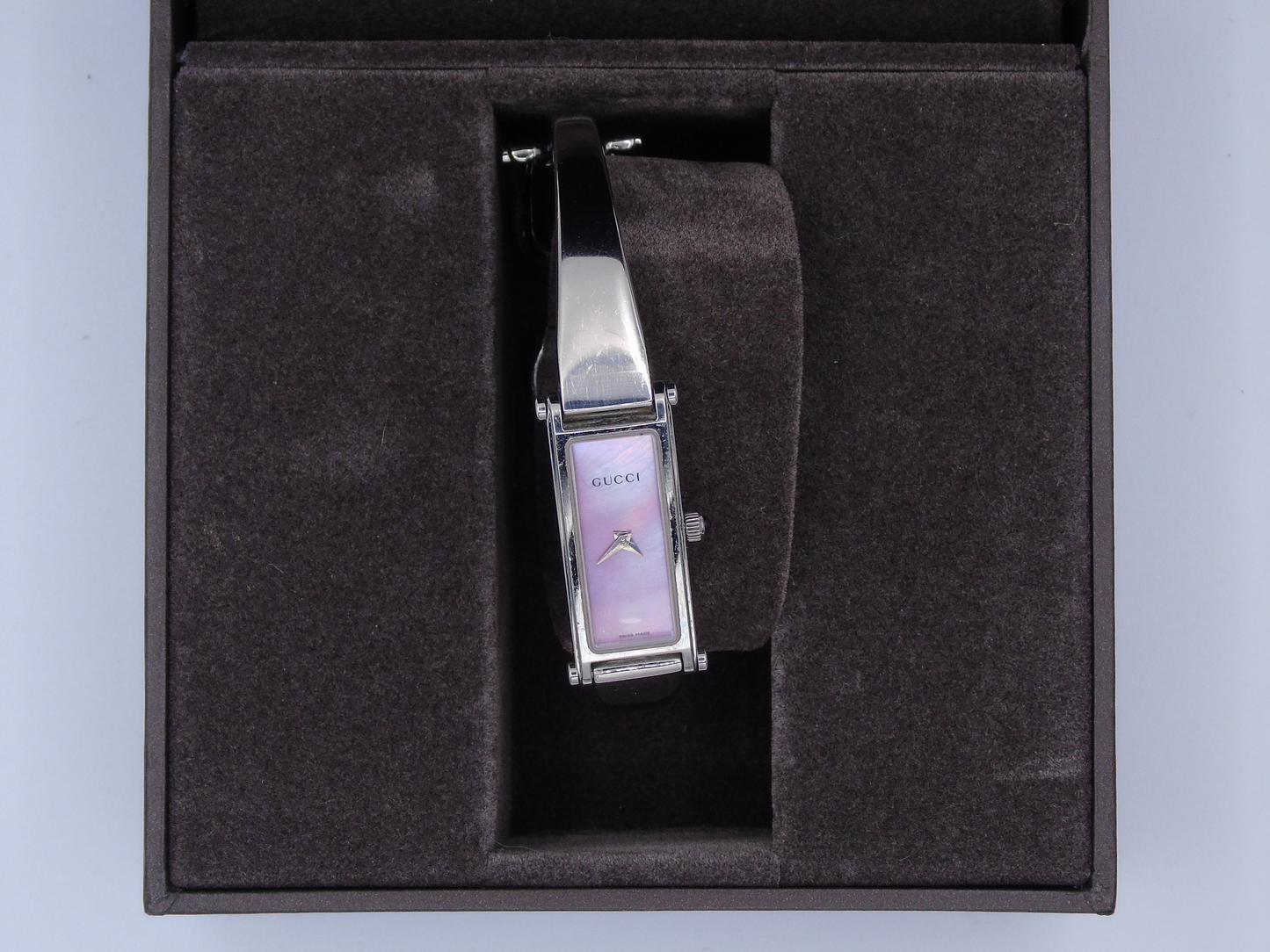 Vintage Gucci Watch Womens MOP Tank Watch Pink Mother of Pearl Dial Box Papers - Gems Forgotten
