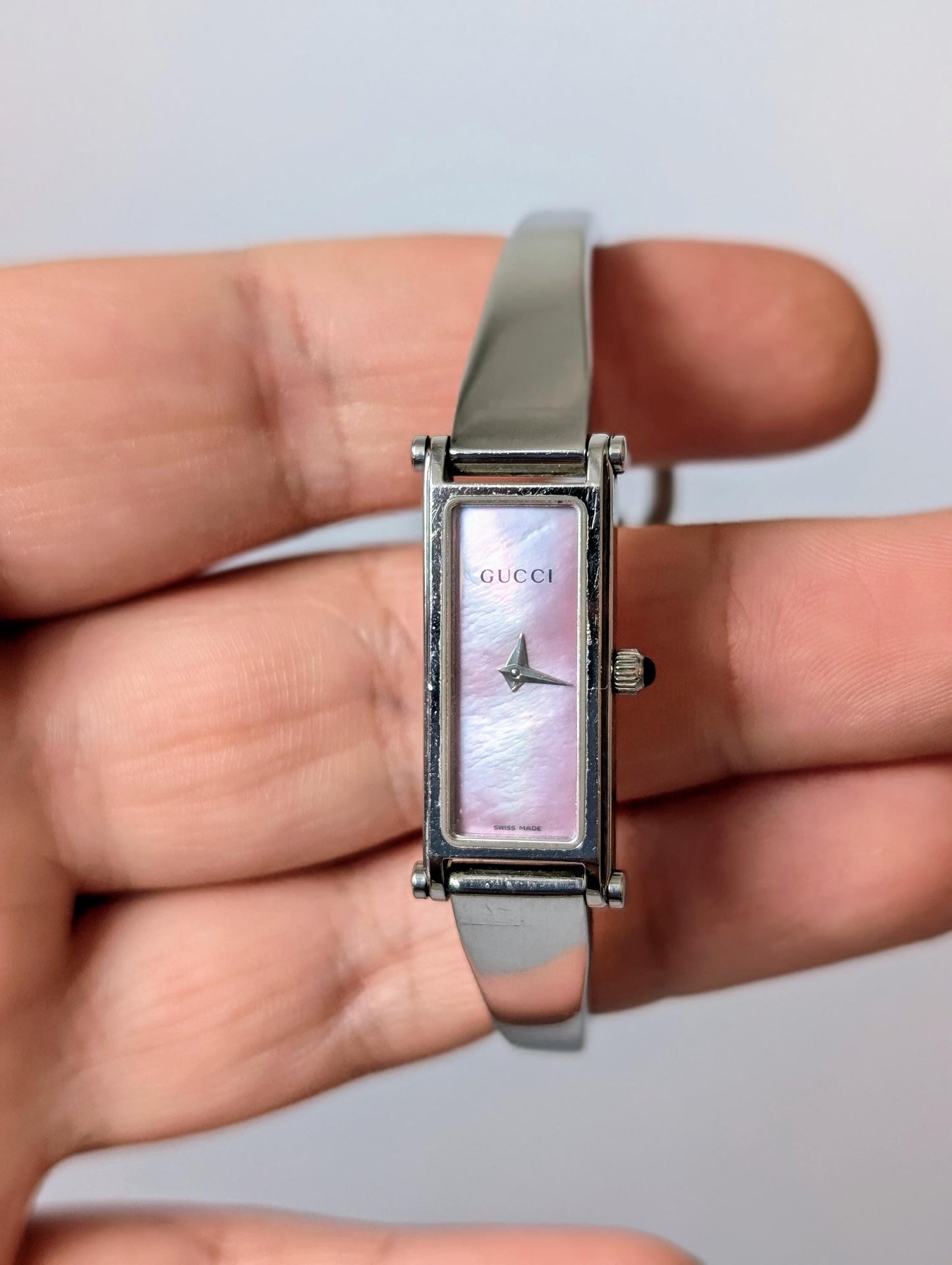 Vintage Gucci Watch Womens MOP Tank Watch Pink Mother of Pearl Dial Box Papers - Gems Forgotten