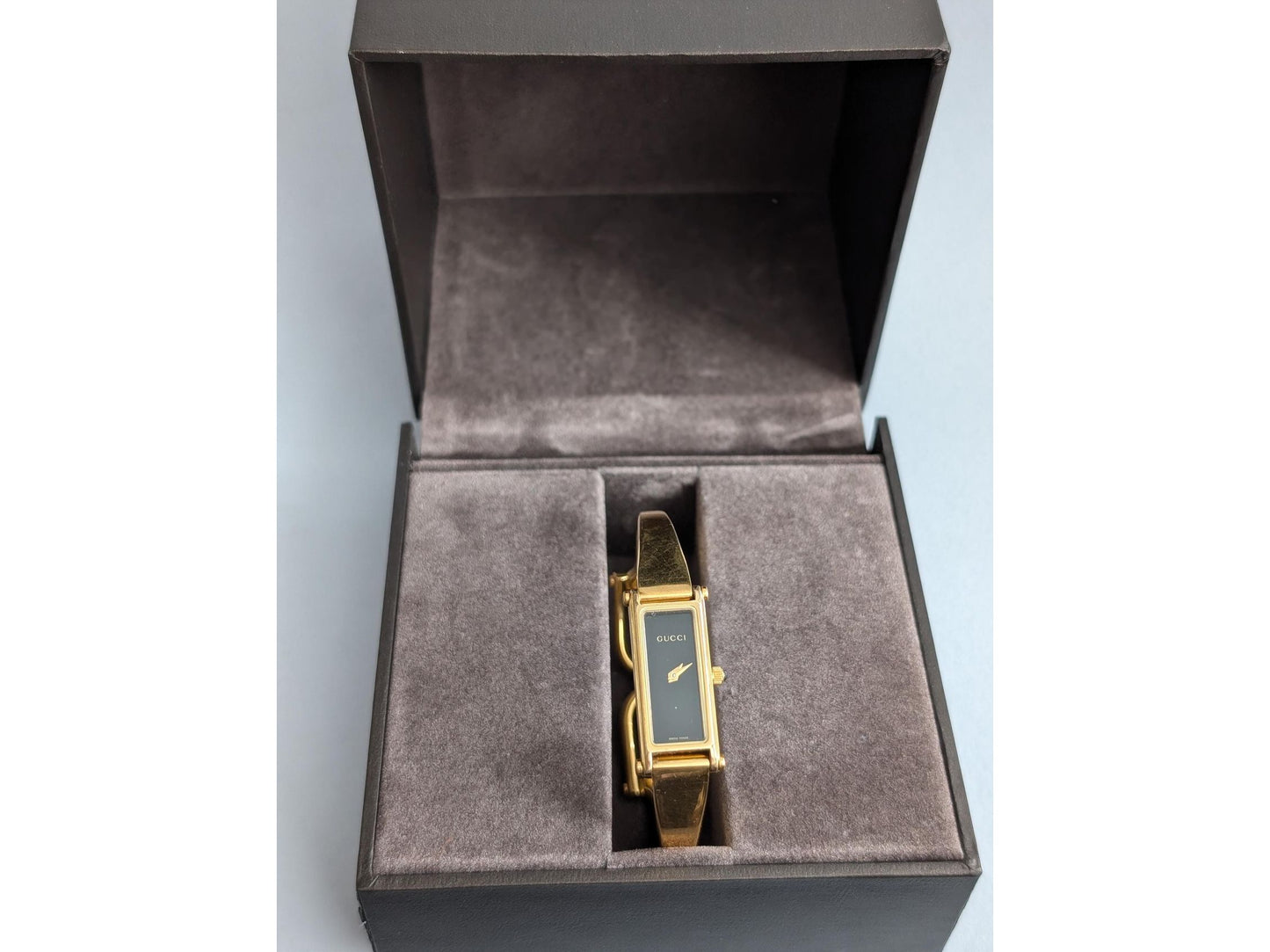 Vintage Gucci Watch with Box Black Dial Gold 1500 Bracelet Tank Watch Elegant Gold Quartz Wristwatch - Gems Forgotten