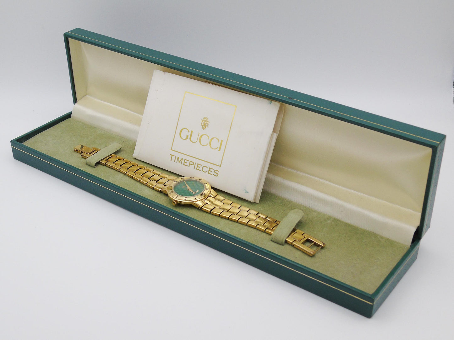 Gucci 3300L Gold-Plated Watch – With Box& Authenticity Card Green Dial - Gems Forgotten