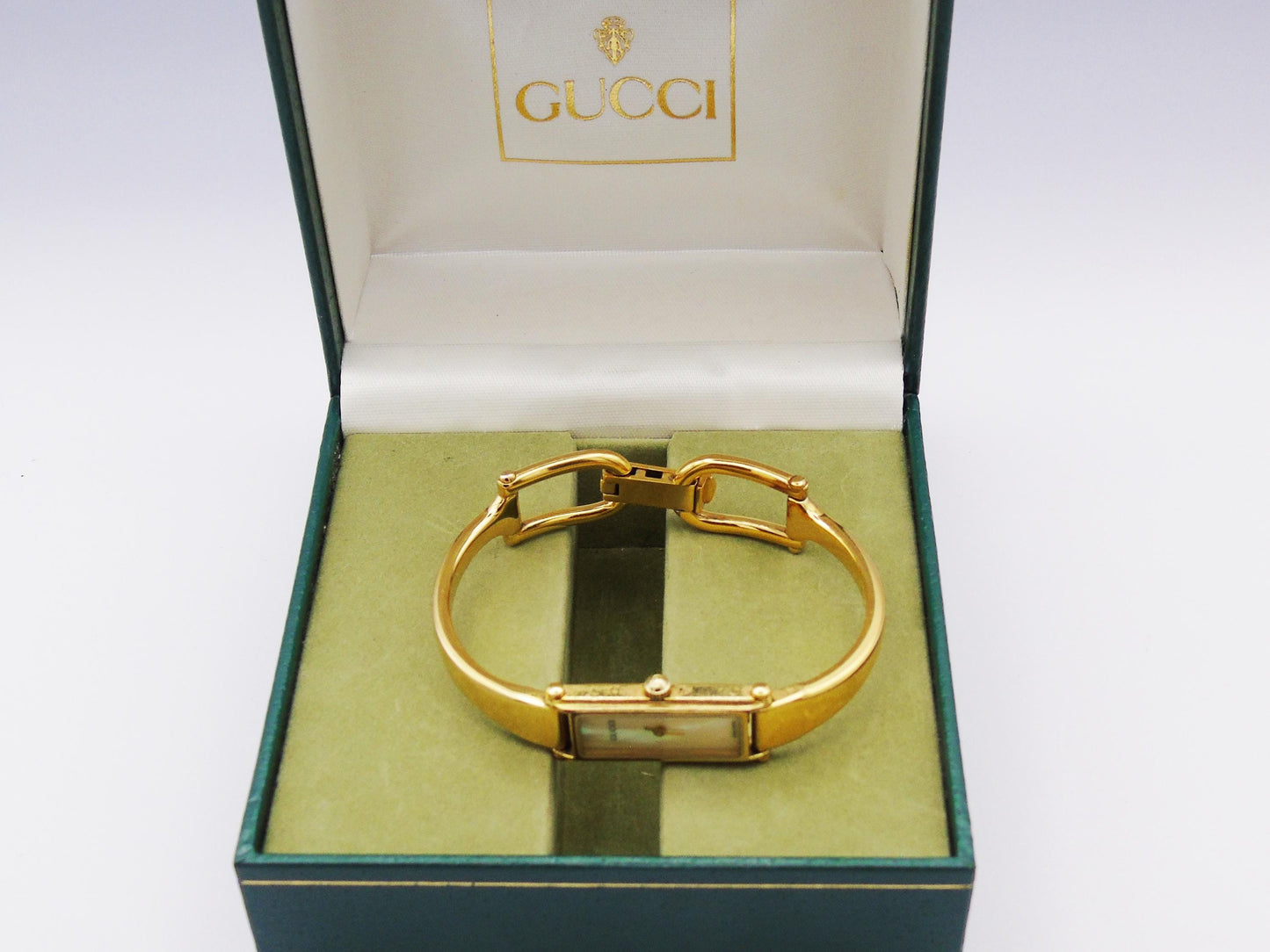 Gucci Ladies Gold Watch with Box– Gucci 1500L Model with Tank Watch Face & Mother of Pearl Dial G69