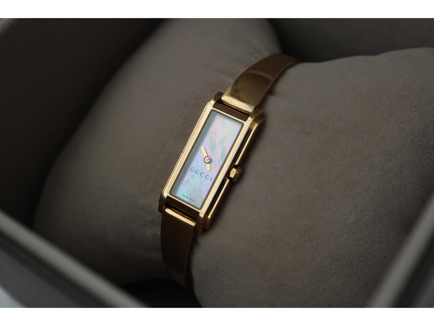 Gucci Ladies Gold Watch 1500L – Mother of Pearl Dial, Tank Face - Gems Forgotten