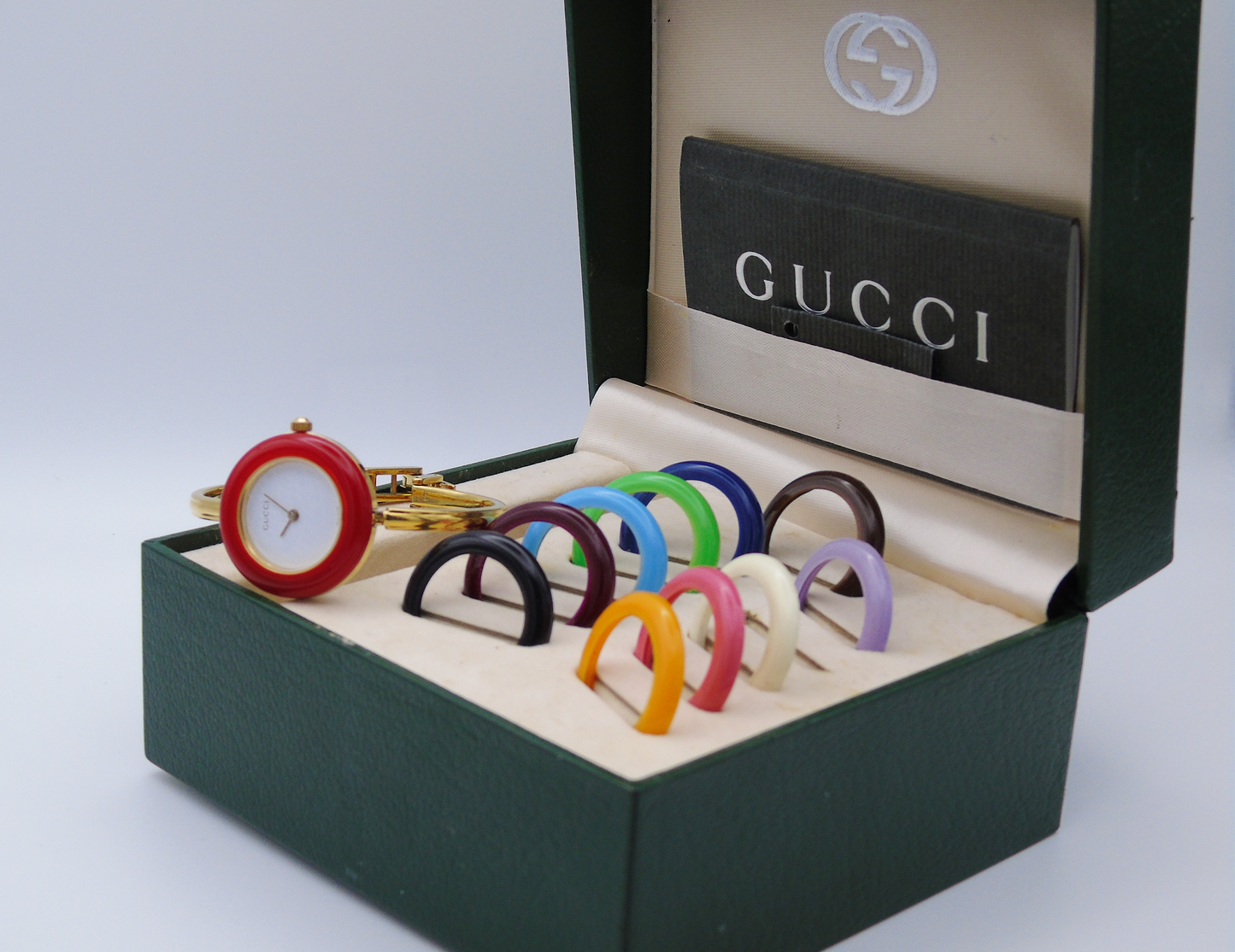 Vintage Gucci Change Bezel Watch – Gold-Plated with 12 Interchangeable Bezels & Box (Copy) - Gems Forgotten