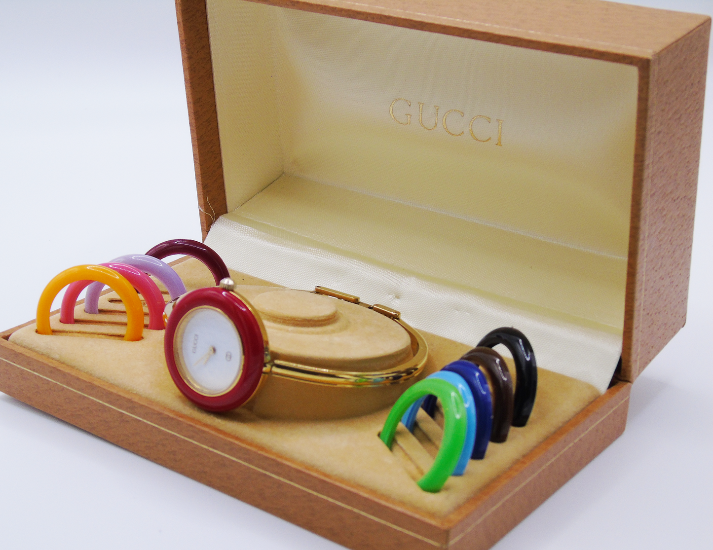Vintage Gucci Change Bezel Watch – Gold-Plated with 10 Interchangeable Bezels & Box - Gems Forgotten