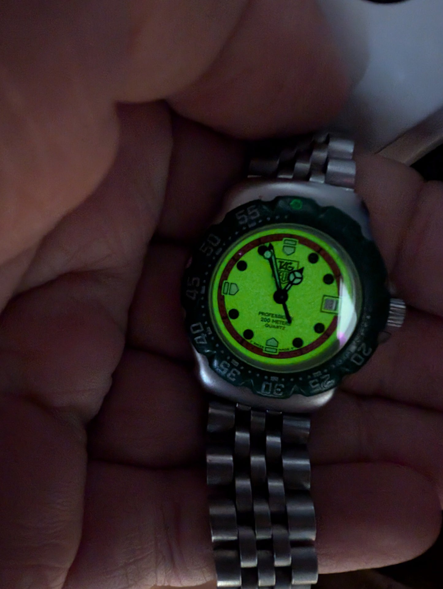 Vintage Tag Heuer Watch Professional Green Bezel Lumi Dial Light up Dial Watch Small 90s Quartz Wristwatch Unique Swiss Watch - Gems Forgotten