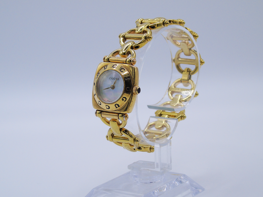 Gucci Ladies Gold Watch – Vintage 1990s, Horsebit Collection with Mother of Pearl Dial - Gems Forgotten 