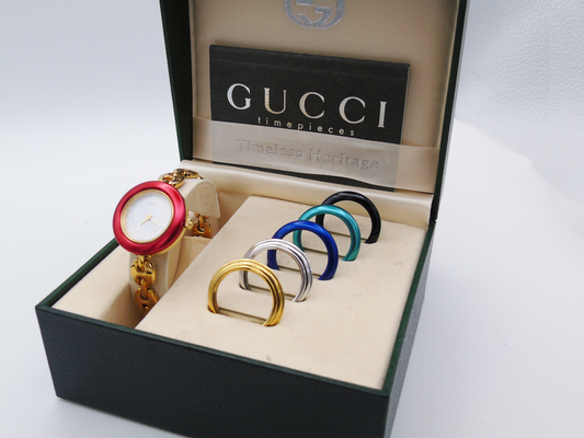Gucci Change Bezel Watch – Vintage Gucci Watch with Gold & Metal Bezels with box - Gems Forgotten 