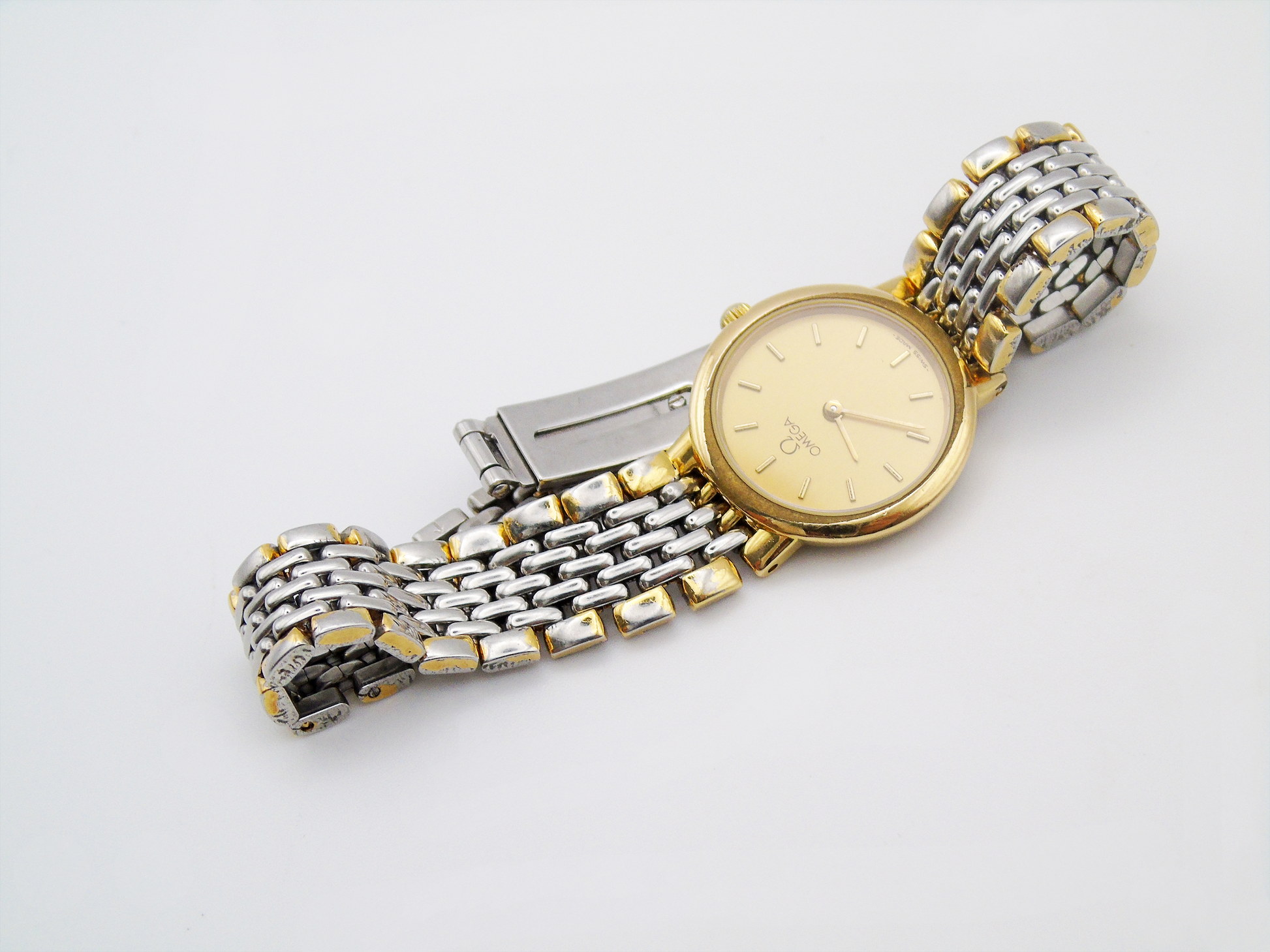 Omega DeVille Ladies Watch – Two Tone Gold Plated & Stainless Steel – Swiss Quartz, Elegant Gold Dial, Vintage Timepiece - Gems Forgotten 