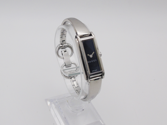 Vintage Gucci Watch Womens Black Dial Silver Tone Tank Watch Black Dial Box Papers - Gems Forgotten 