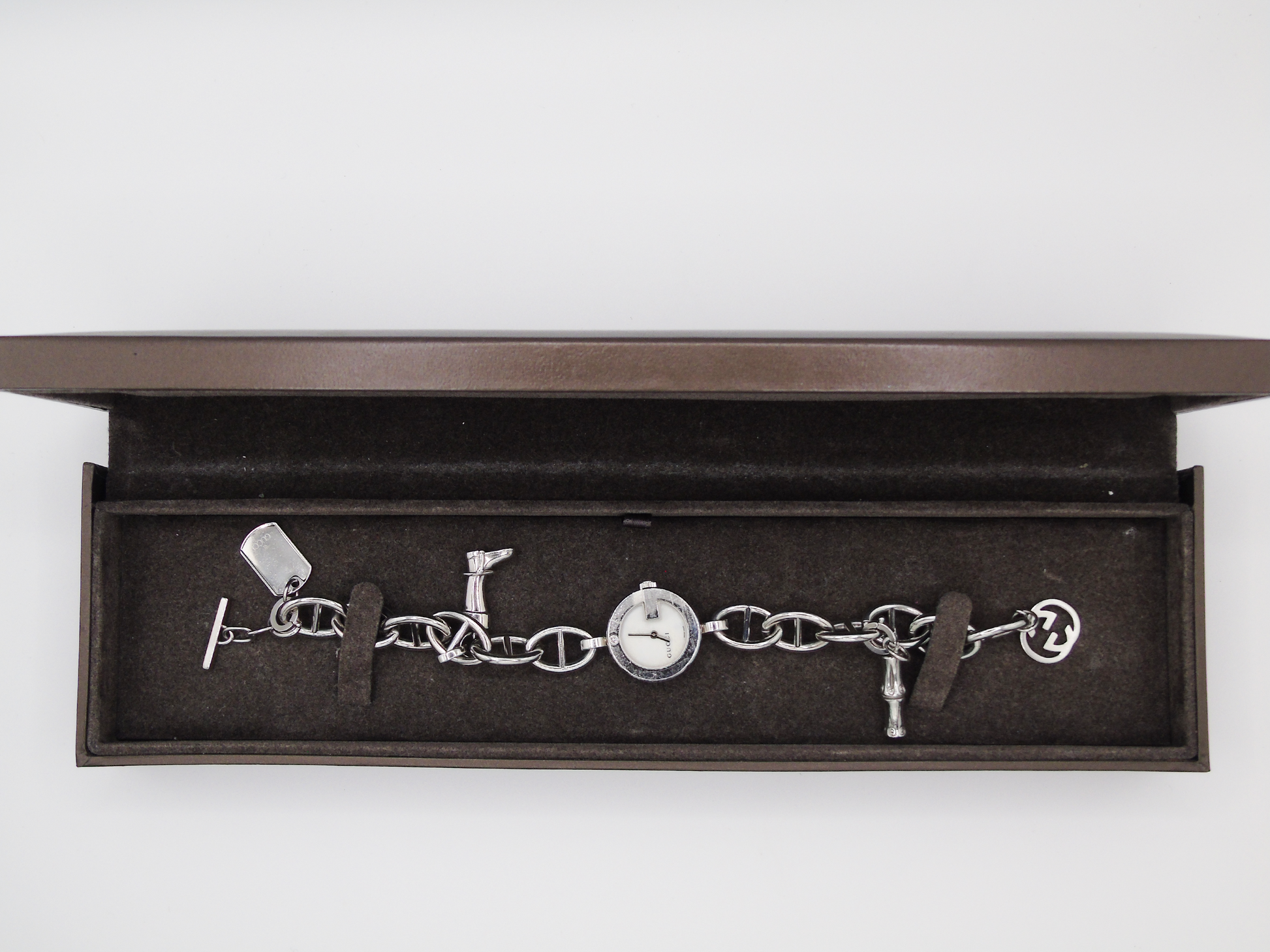Vintage Gucci Watch Charm Bracelet Horsebit Cowboy Charms MOP Dial - Gems Forgotten 