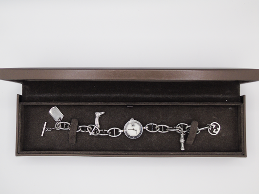 Vintage Gucci Watch Charm Bracelet Horsebit Cowboy Charms MOP Dial - Gems Forgotten 