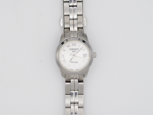 Tissot PR10 Ladies Watch Date FeatureSilver Tone Swiss Quartz Watch Small Wrist Elegant Steel - Gems Forgotten 