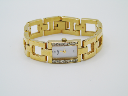 Vintage Rotary Watch Small Tank Gold Wristwatch Swiss Quartz Elegant Chain Strap Sparkly Bezel Watch Gift for her - Gems Forgotten 