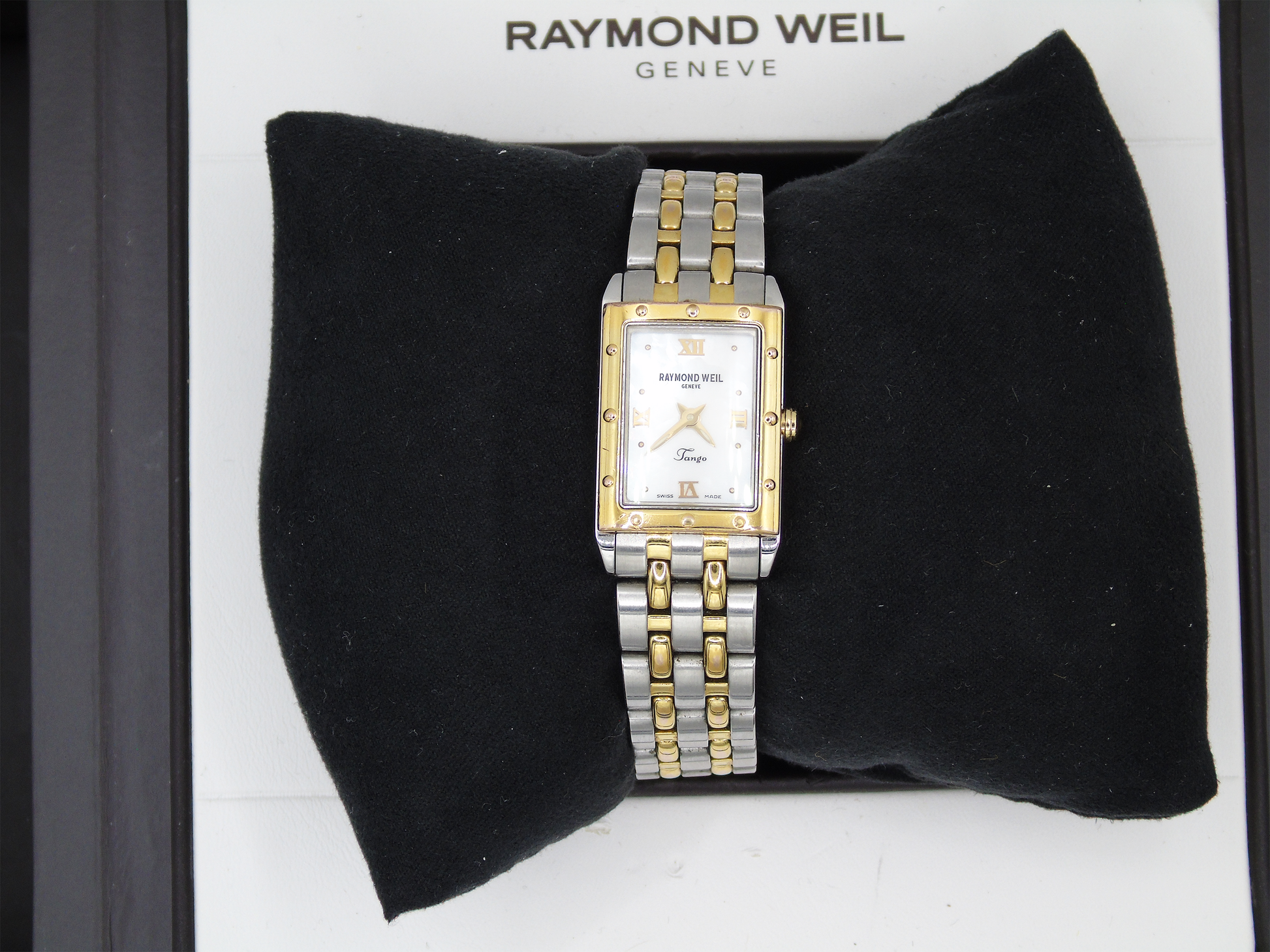 Vintage Raymond Weil Tango MOP Dial Watch Two Tone Small Elegant Chain Wristwatch Mother of Pearl - Gems Forgotten 