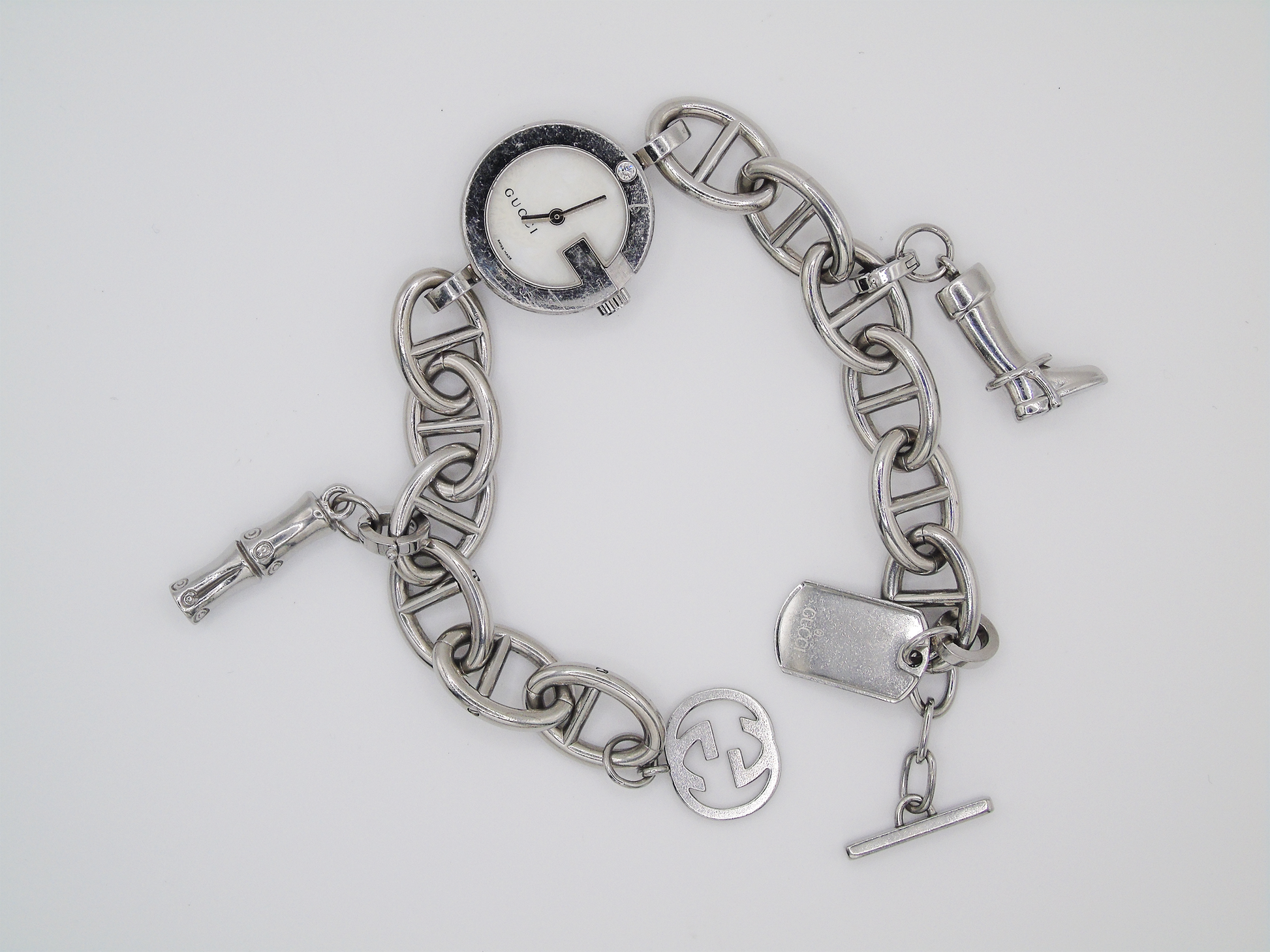 Vintage Gucci Watch Charm Bracelet Horsebit Cowboy Charms MOP Dial - Gems Forgotten 