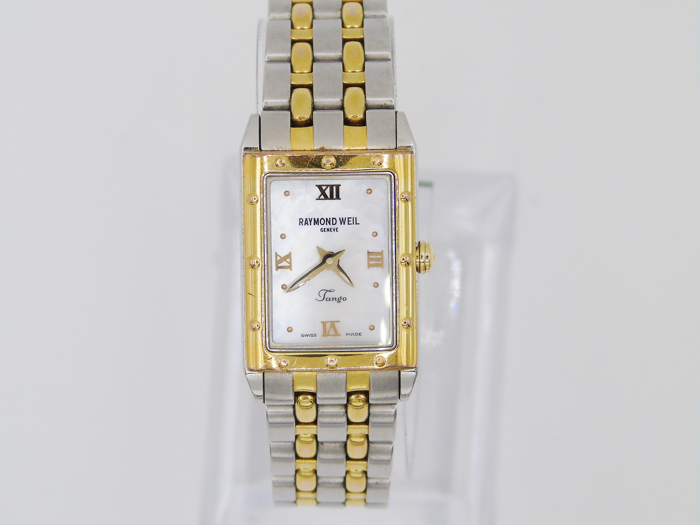 Vintage Raymond Weil Tango MOP Dial Watch Two Tone Small Elegant Chain Wristwatch Mother of Pearl - Gems Forgotten 