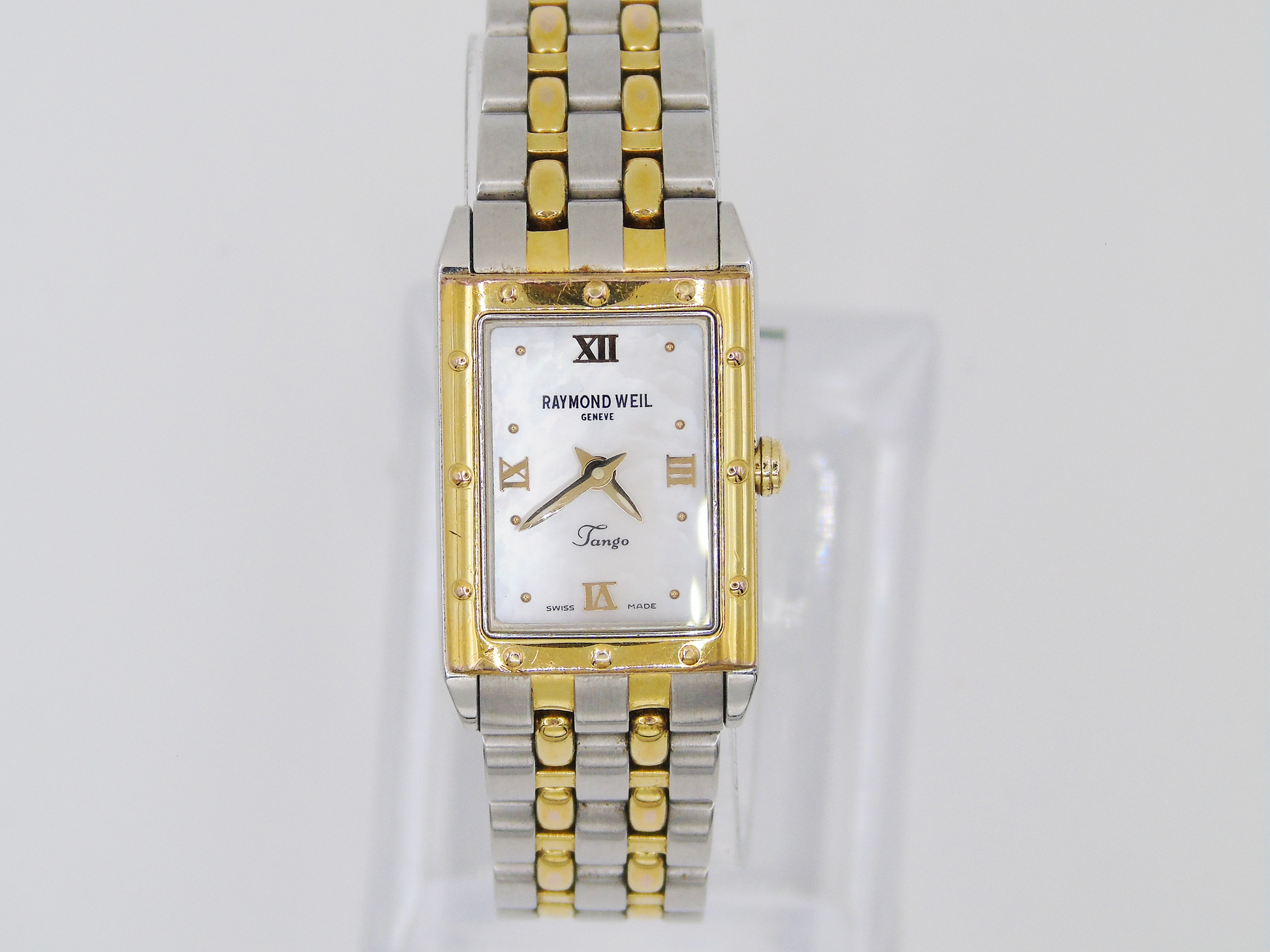 Vintage Raymond Weil Tango MOP Dial Watch Two Tone Small Elegant Chain Wristwatch Mother of Pearl - Gems Forgotten 