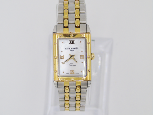 Vintage Raymond Weil Tango MOP Dial Watch Two Tone Small Elegant Chain Wristwatch Mother of Pearl - Gems Forgotten 