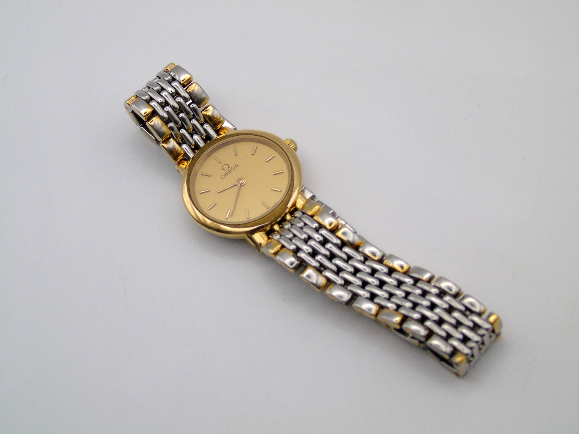Omega DeVille Ladies Watch – Two Tone Gold Plated & Stainless Steel – Swiss Quartz, Elegant Gold Dial, Vintage Timepiece - Gems Forgotten 