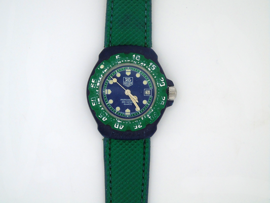 Tag Heuer Professional Watch – Blue Dial, Green Rotating Bezel, Swiss Quartz, 30mm Vintage Timepiece - Gems Forgotten 