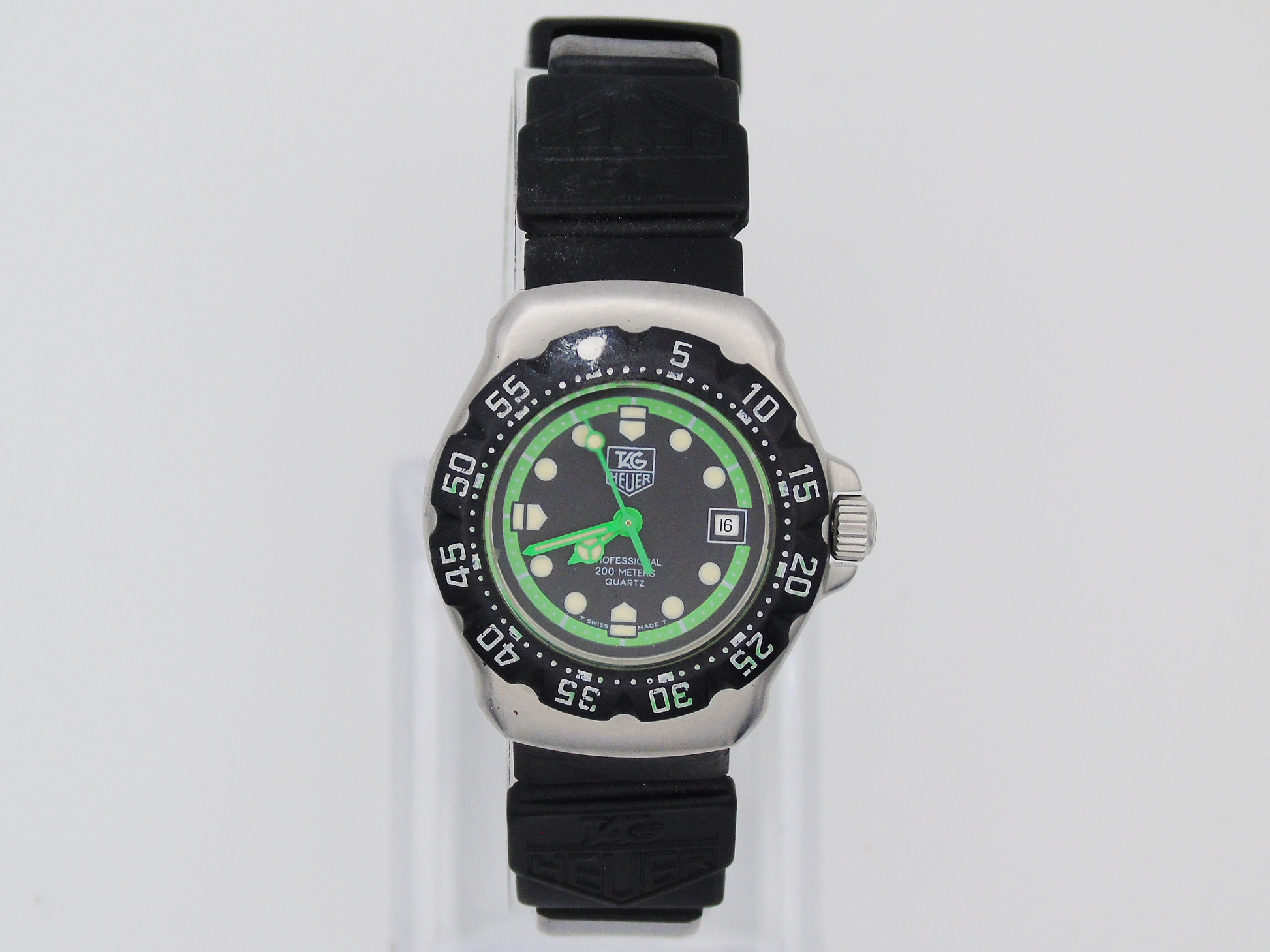 Vintage Tag Heuer Watch Professional Green Black Lumi Hour Markers Watch Small 90s Quartz  Wristwatch Unique Swiss Watch - Gems Forgotten 