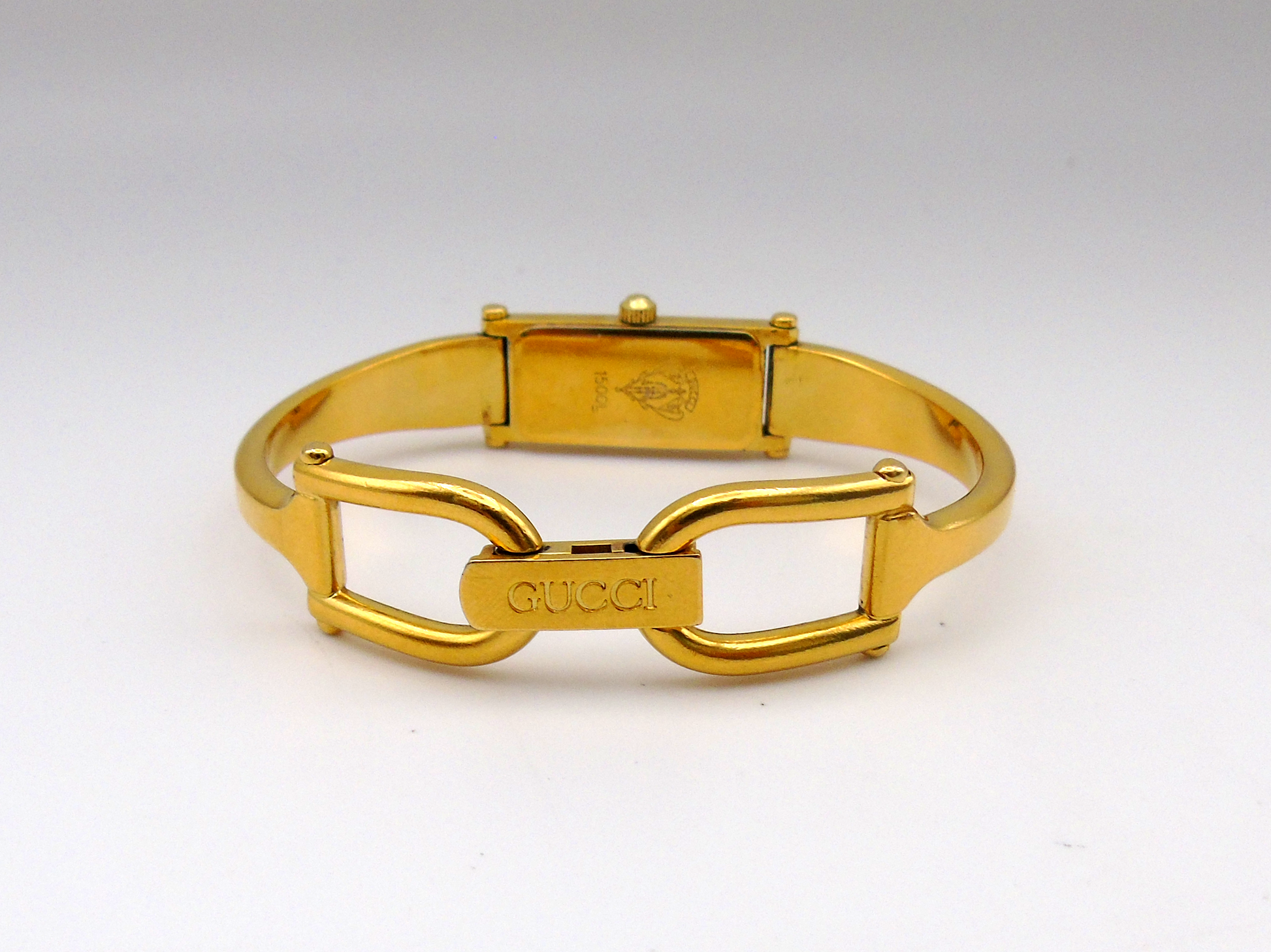 Vintage Gucci Tank Watch 1500 Shell Dial Gold Dial Elegant Gucci Rectangle Wristwatch G41 - Gems Forgotten 