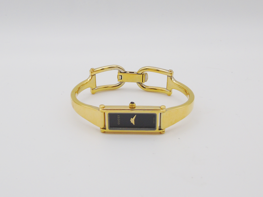 Gucci 1500L Gold Watch – Vintage Gucci Ladies Gold Watch, Elegant Gold Tank Watch Black Dial G01 - Gems Forgotten 