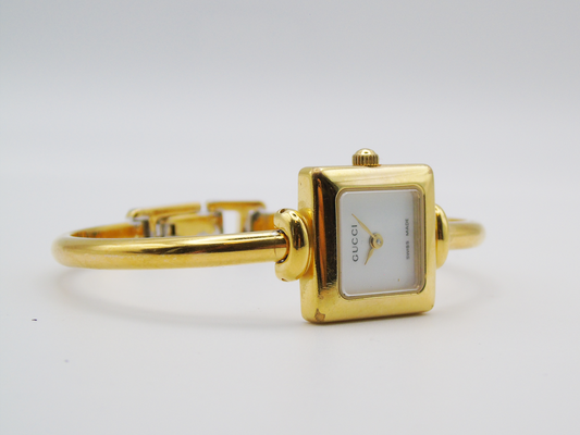Working Vintage Gucci Watch Square 1900L Gold Gold Dial Elegant Gucci Wristwatch Cheap Gucci Small Bracelet Bangle G24 - Gems Forgotten 