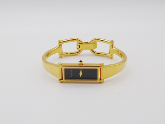 Gucci 1500L Gold Watch – Vintage Gucci Ladies Gold Watch, Elegant Gold Tank Watch Black Dial G18 - Gems Forgotten 