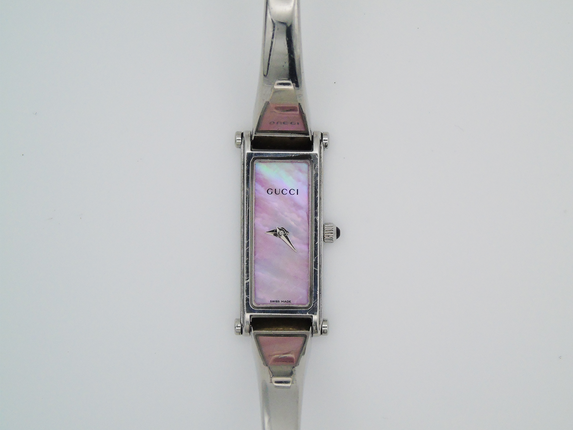 Vintage Gucci Watch Womens MOP Tank Watch Pink Mother of Pearl Dial Box Papers (Copy) - Gems Forgotten 